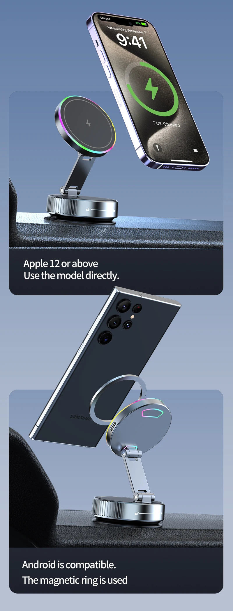 Vacuum Magnetic Wireless Charging Car Phone Holder with Cooling Fan for Live Streaming Suction Cup Mount for All Cars Accessorie