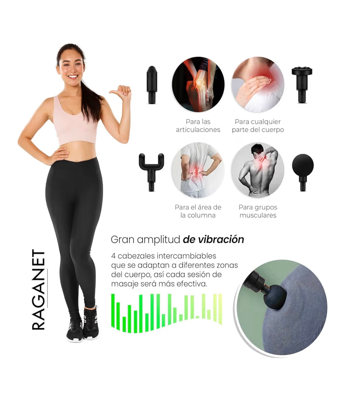 Pistola masajeadora con 4 cabezas