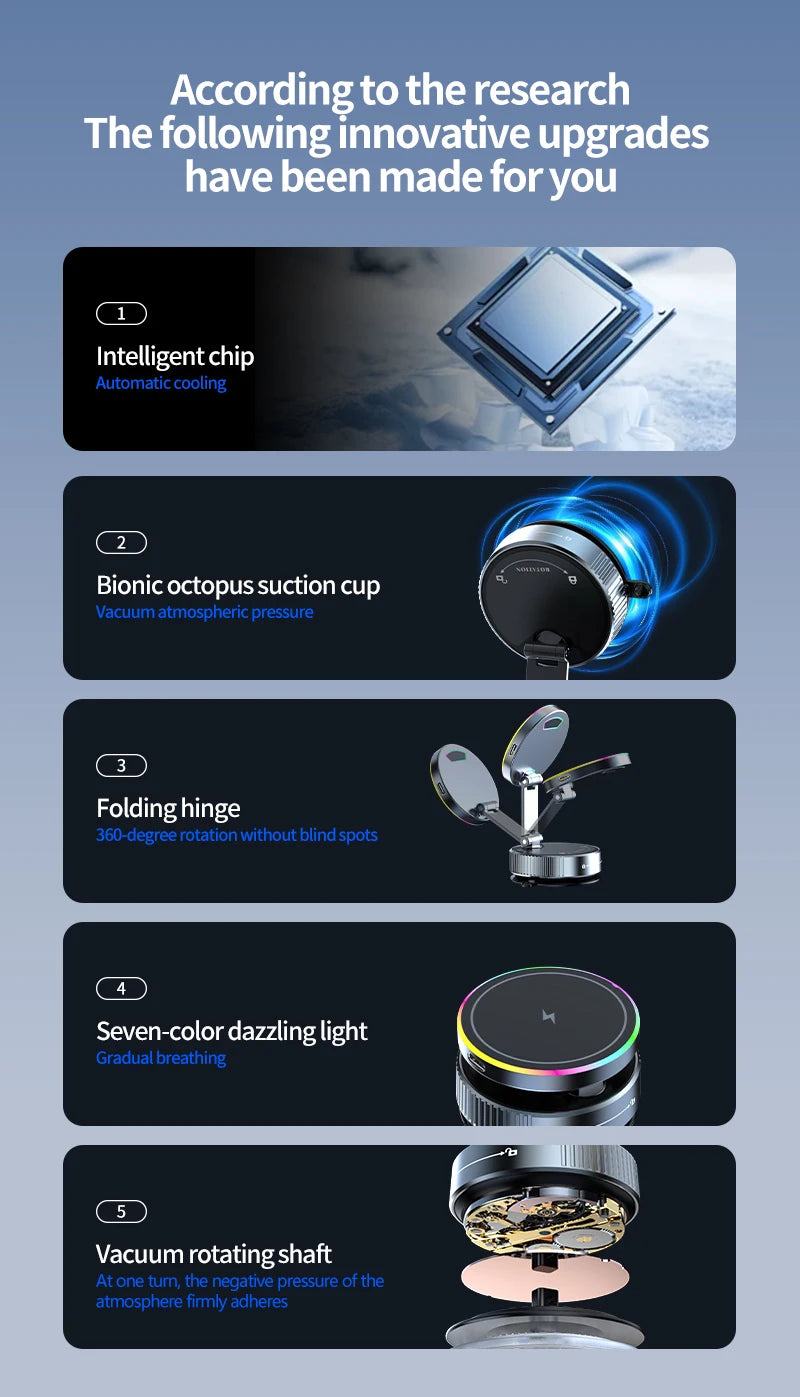 Vacuum Magnetic Wireless Charging Car Phone Holder with Cooling Fan for Live Streaming Suction Cup Mount for All Cars Accessorie