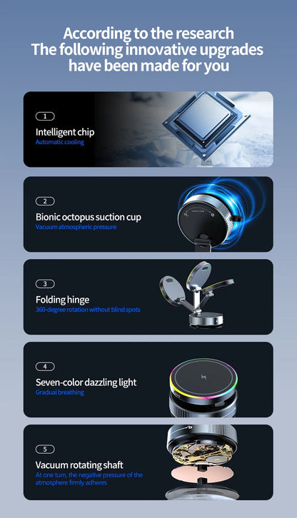 Vacuum Magnetic Wireless Charging Car Phone Holder with Cooling Fan for Live Streaming Suction Cup Mount for All Cars Accessorie