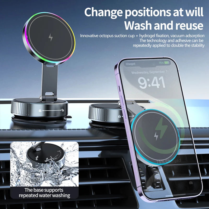 Vacuum Magnetic Wireless Charging Car Phone Holder with Cooling Fan for Live Streaming Suction Cup Mount for All Cars Accessorie